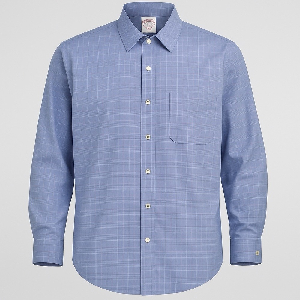 Brooks Brothers 346‎ Mens 17.5 35 Blue Non-Iron Cotton Plaid Dress Shirt Regular